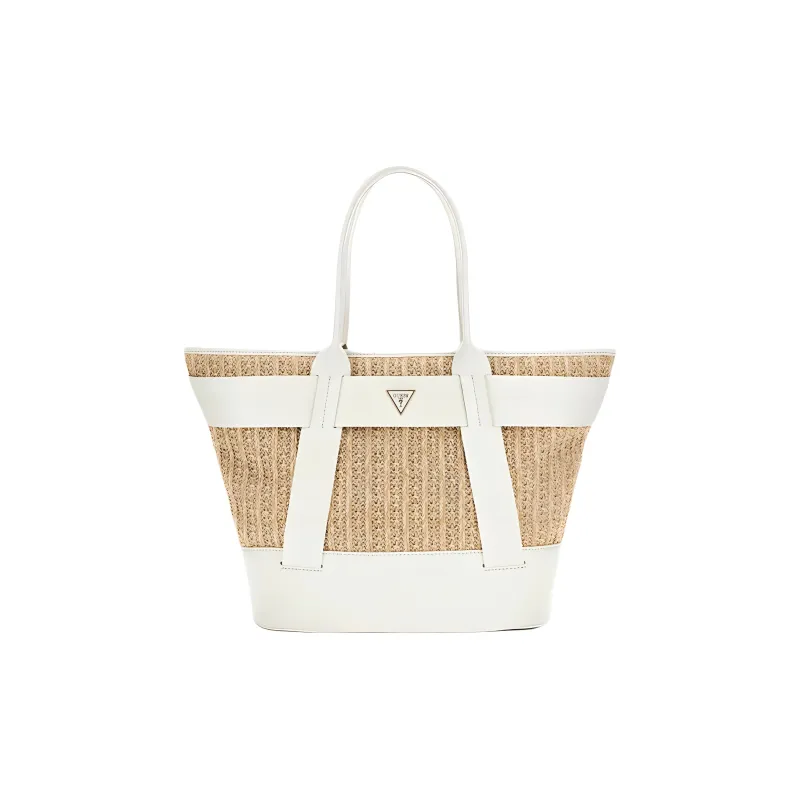 GUESS Raffia With Artificial Leather Tote Bag Shopping Bag Shoulder Bag Handbag Women's Beige & White-0