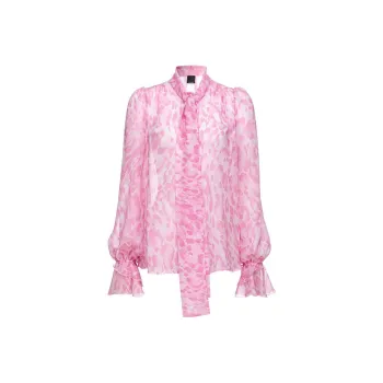 PINKO Abstract Pattern Printed Gathered Tie Neck Blouse