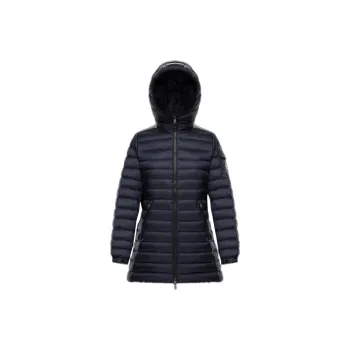 Moncler Solid Color Hooded Mid-Length Down Jacket Women's Dark Blue