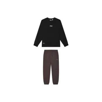 FILA Casual Sportswear Men Clothing Set Jet Black Top+Earth Umber Pants