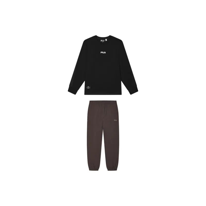 FILA Casual Sportswear Men Clothing Set Jet Black Top+Earth Umber Pants-0