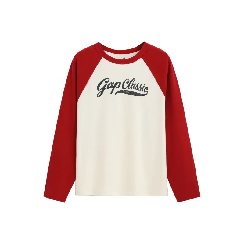 GAP 100% Cotton Print Logo Color Block Raglan Long Sleeved Skin Friendly Top T Shirt Women's-0