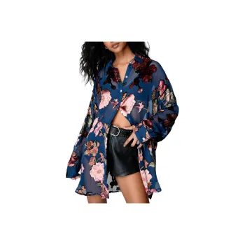 NASTY GAL Devore Oversized Sheer Floral Shirt Shirt Women's Marine Blue