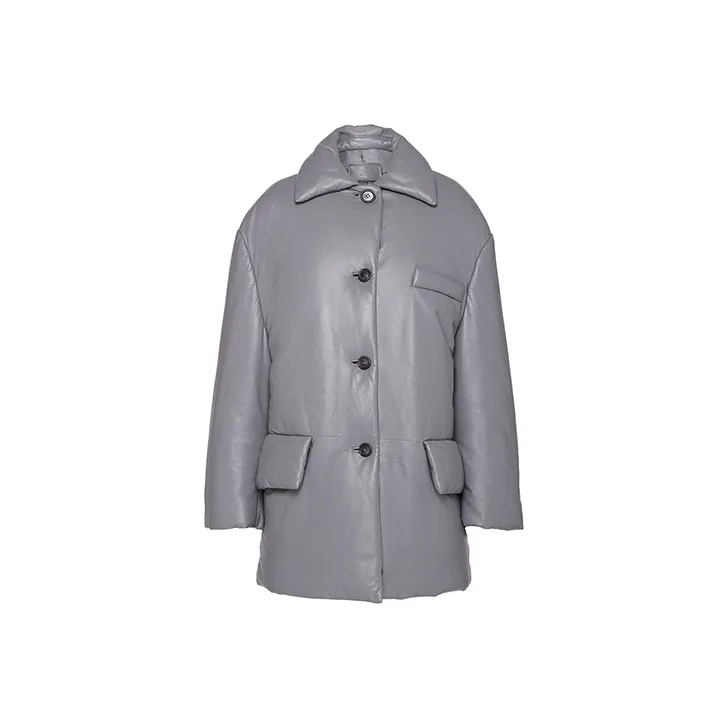 PRADA Solid Color Lapel Loose Fit Mid Length Down Jacket Women's Gray-0