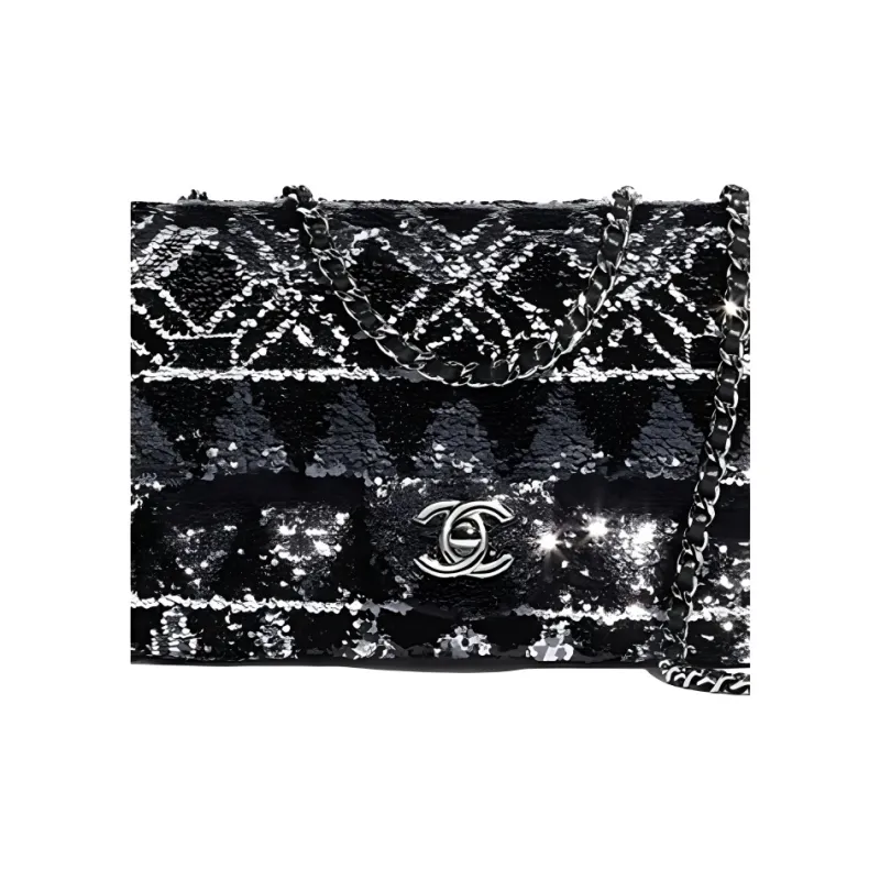 CHANEL Cow Leather Shoulder Bag, Crossbody Bag Women's Silver & Black-1
