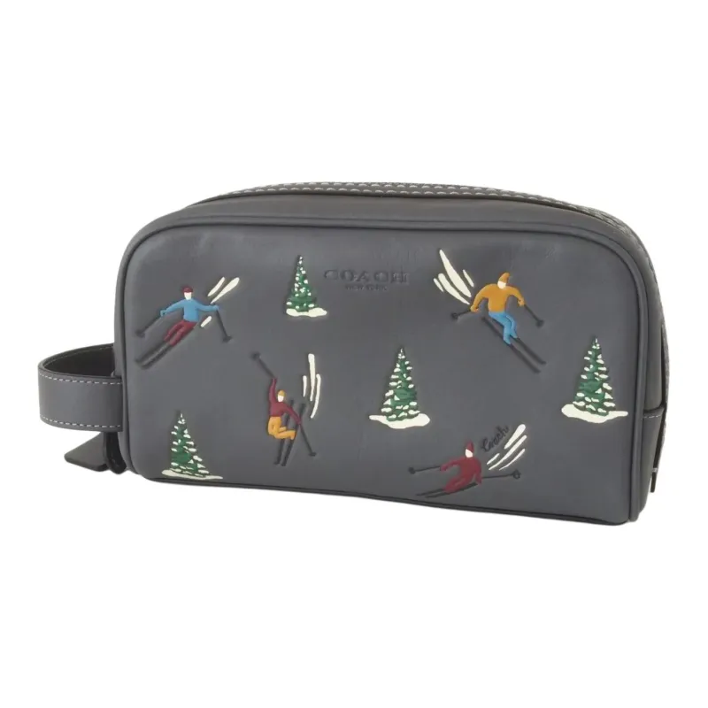 COACH Travel Kit Smooth Calf Leather Makeup Bag Storage Bag Women's Gray-1