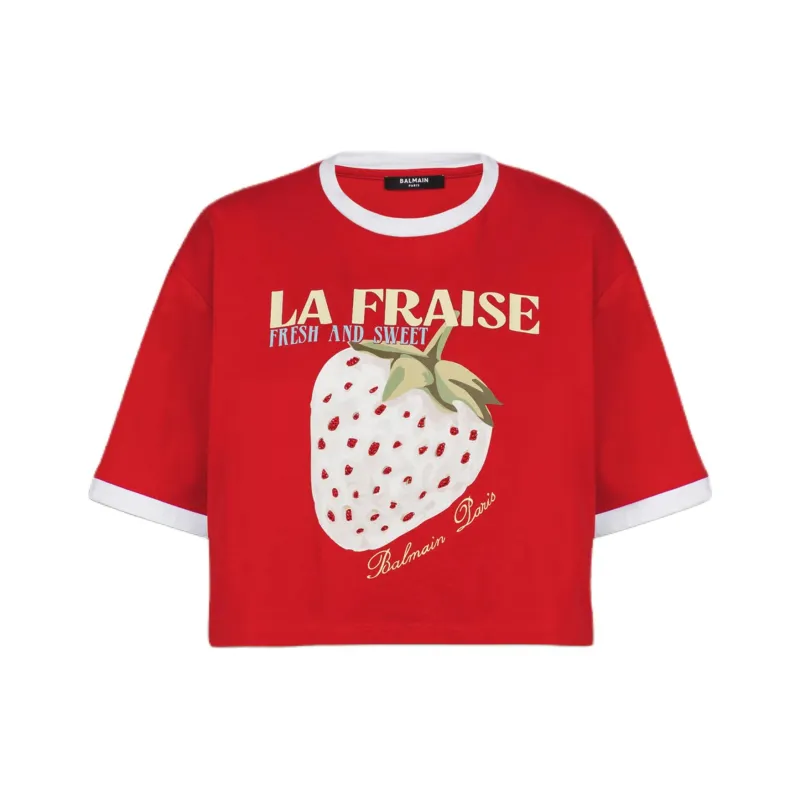 BALMAIN Strawberry Print Cropped T shirt-0