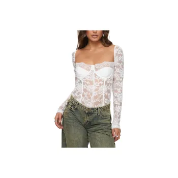 PRINCESS POLLY CADROT LONG SLEEVE LACE BODYSUIT Bodysuits Women's White/White