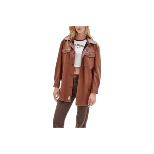 GUESS Originals Faux-Leather Shirt Jacket Jackets Coats Women's Salt Camel Hair