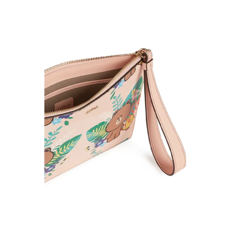 Furla LINE FRIENDS Collaboration Leather Clutch Wrist Bag Envelope Bag Small Size Women's Pink Multicolor-4