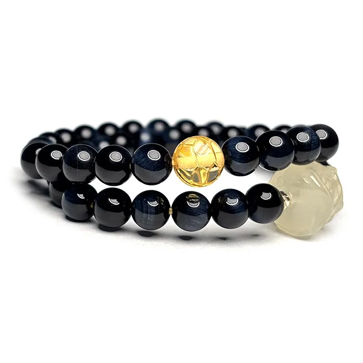 MOUNTAINS AND MANS Natural Tiger's Eye Stone New Chinese Style Stackable Good Luck Beaded Bracelet Men's-1