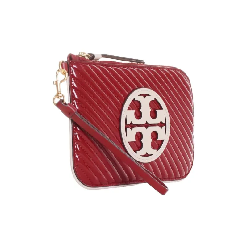 TORY BURCH Miller Patent Leather Pina Leather Trim Wrist Bag Card Holder Wallet Women's Red-1