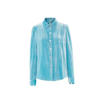 MASFER.SU Tech Blue Velour Pleated Irregular Water Ripple Girlie Shirt Women's Blue