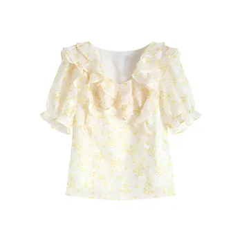 ETSE Chiffon Shirts Women's Yellow Flower