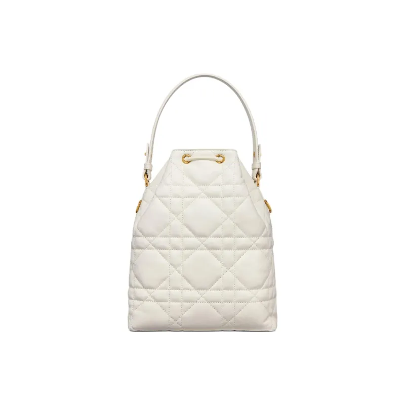 DIOR Caro Sheepskin Bucket Bag, One Shoulder Handbag Small Size Women's Milk White-3