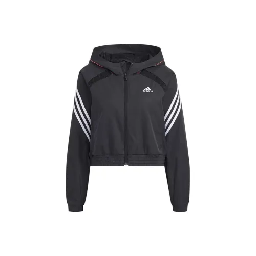 adidas Women'ss Logo Letter Print Three Stripe Hooded Jacket Black