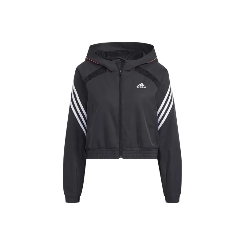 adidas Women'ss Logo Letter Print Three-Stripe Hooded Jacket Black-0
