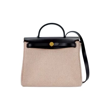 HERMES Herbag Zip Canvas With Leather Handbag, Shoulder Bag, Crossbody Bag Women's Beige/Ebony
