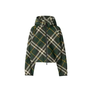 Burberry Check Pattern Zip Up Hooded Cropped Jacket