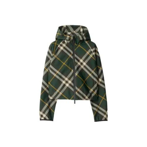 Burberry Check Pattern Zip Up Hooded Cropped Jacket