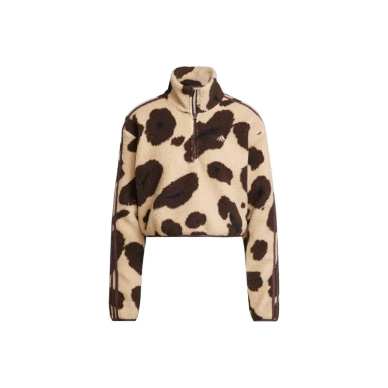 Adidas Free Shipping With AdiClub Essentials 3-Stripes Animal Print High Pile Cropped 1/4 Zip Top-0