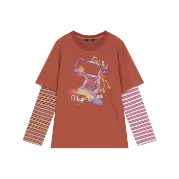ELF SACK Color Block Stripes Patchwork Mock Two Piece T Shirt Women's