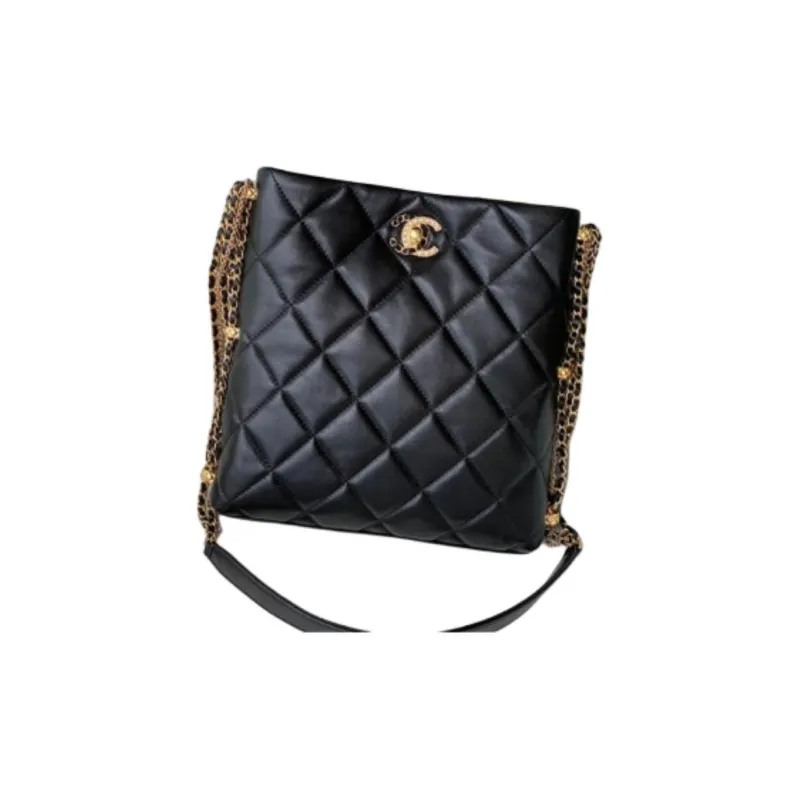 CHANEL Leather Hippie Bag Shoulder Tote Women's Black-1