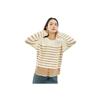 VIMLY Knitwear Women's Apricot Base With Khaki Stripes