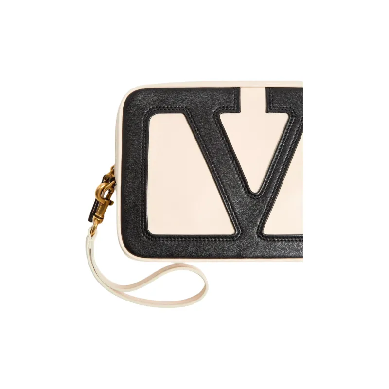Valentino Nappa Leather Handbag Clutch Women's Cream White & Black-4