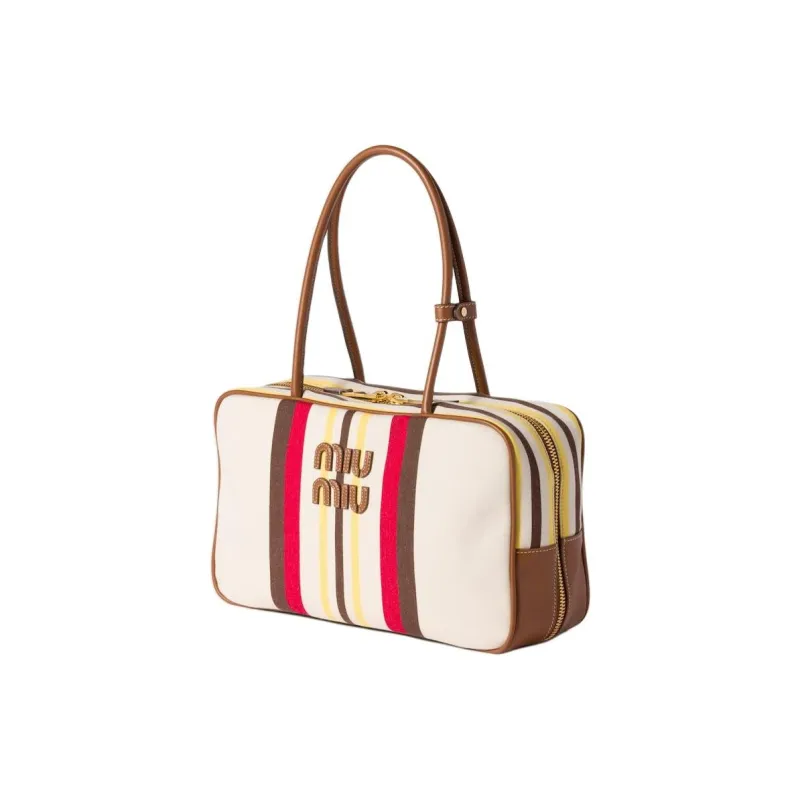 MIU MIU Beau Cotton Handbag, Shoulder Bag Women's Beige & Dark Brown-1