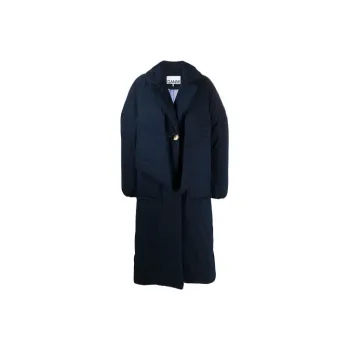 GANNI FW21 Solid Color Lapel Loose Fit Mid-Length Down Jacket Women's Blue
