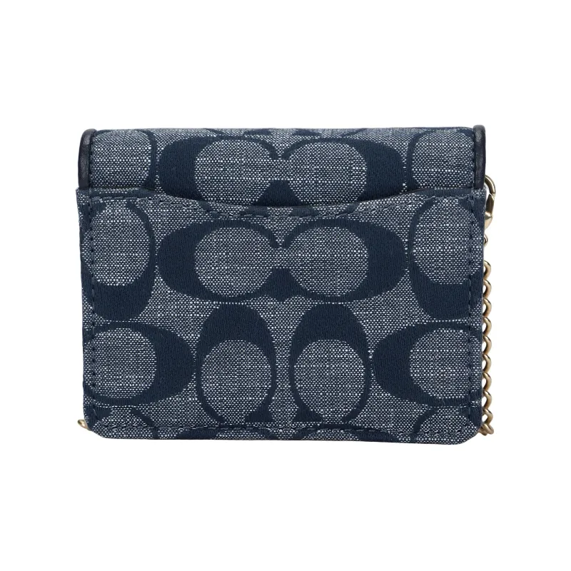 COACH Chambray With Smooth Leather Chain Wallet Clutch, Shoulder Bag, Crossbody Bag Mini Women's Denim Blue-2