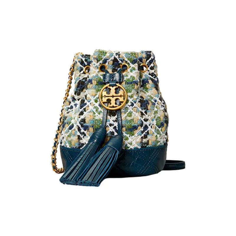 TORY BURCH Fleming Fabric Bucket Bag, Shoulder Bag, Crossbody Bag Mini Women's Sea Blue Green-0