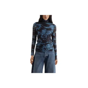 GANNI Printed Mesh Long Sleeve Rollneck Top