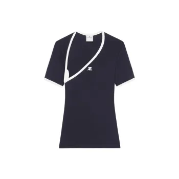COURREGES Slash Asymmetric Neck Contrast Trim T-Shirt