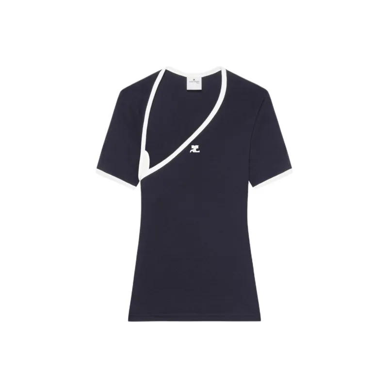 COURREGES Slash Asymmetric Neck Contrast Trim T-Shirt-0