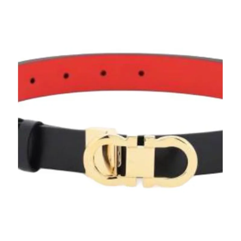 FERRAGAMO Brass Leather Belts Women's Black Red Width 2.5CM-1