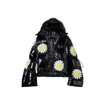 Christopher Raxxy Multicolor Shiny Hooded Loose Fit Thickened Cropped Down Jacket Women's Black