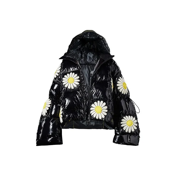 Christopher Raxxy Multicolor Shiny Hooded Loose Fit Thickened Cropped Down Jacket Women's Black-0