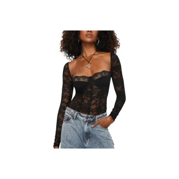 PRINCESS POLLY CADROT LONG SLEEVE LACE BODYSUIT Bodysuits Women's BLACK/Black
