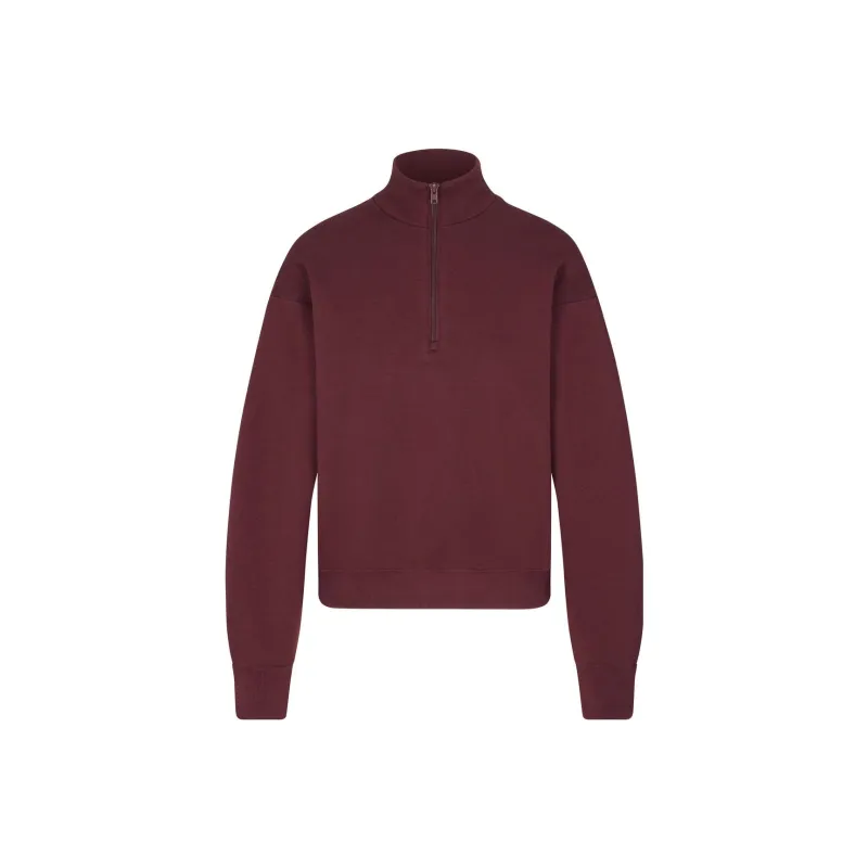SKIMS COTTON FLEECE CLASSIC QUARTER ZIP PULLOVER Sweatshirt Women's OXBLOOD/Fuchsia-0