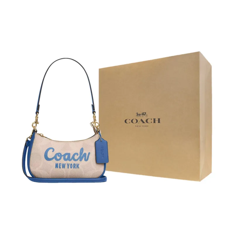 COACH Teri Canvas With Leather Crossbody Bag Shoulder Bag Mini Women's Beige & Blue-6