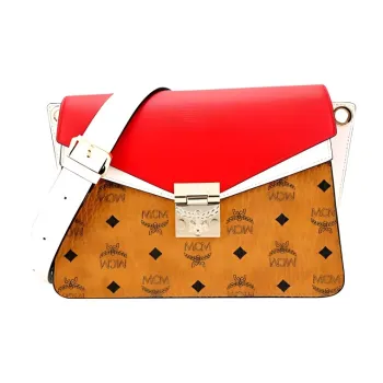 MCM Visetos Canvas With Leather Trunk Bag, Shoulder Bag, Crossbody Bag Medium Size Women's Red Brown Cognac