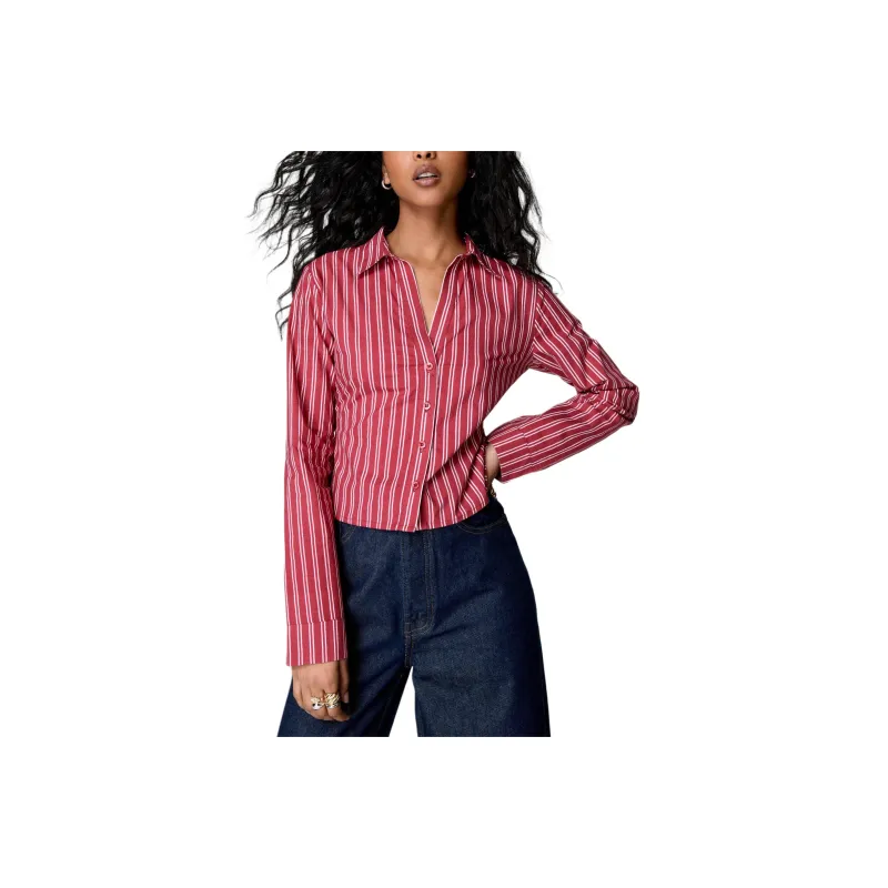 NASTY GAL Fitted Cotton Stripe Shirt Shirt Women's Tomato Red-0