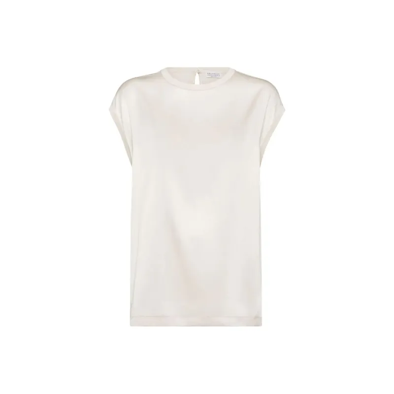 Brunello Cucinelli Cap Sleeved Crewneck Satin Blouse-0