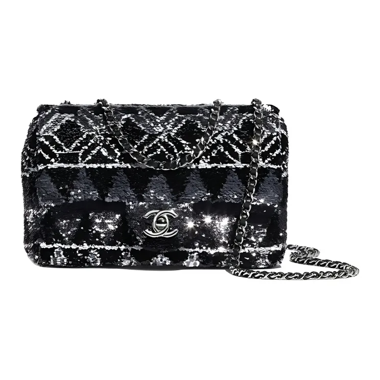 CHANEL Cow Leather Shoulder Bag, Crossbody Bag Women's Silver & Black-0