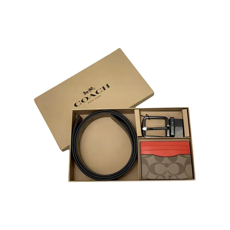 COACH Boxed Coated Canvas With Refined Calfskin Card Holder Men's Khaki, Orange, Red-1