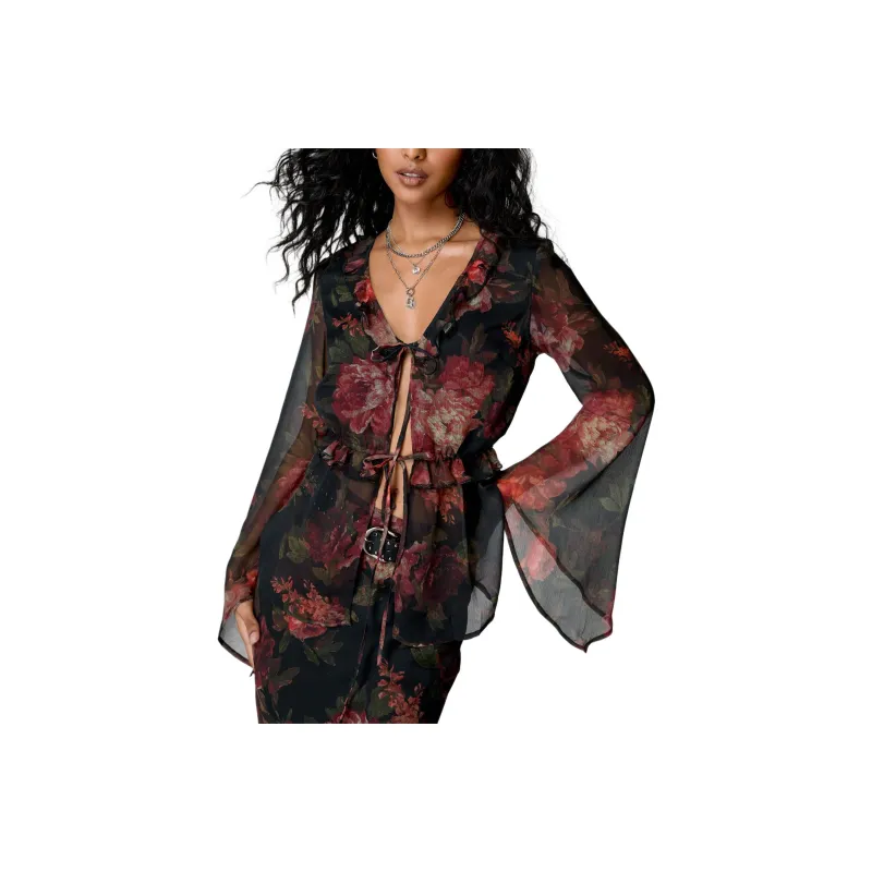 NASTY GAL Vintage Floral Sheer Tie Front Top Shirt Women's Black-0
