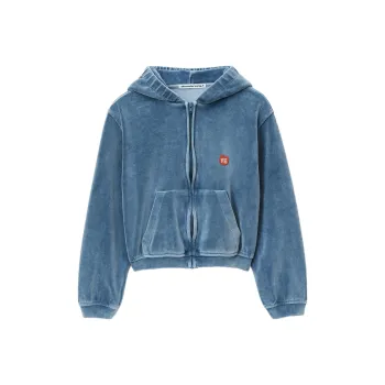 Alexander Wang Apple Logo Shrunken Zip Up Hoodie Washed Bluestone