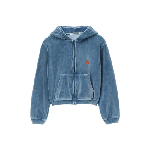 Alexander Wang Apple Logo Shrunken Zip Up Hoodie Washed Bluestone